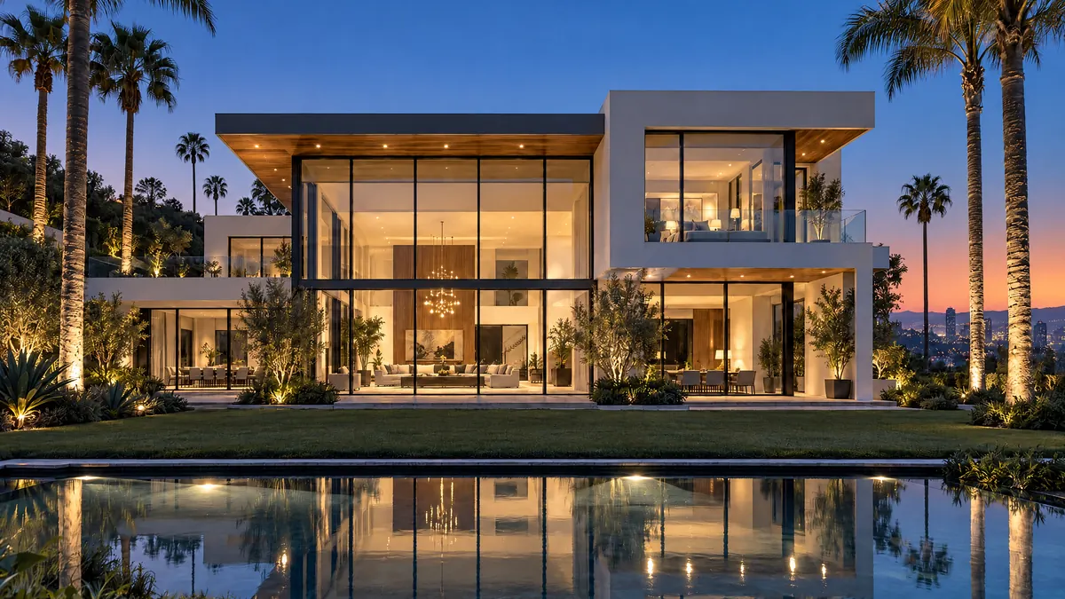 A modern two-story home at dusk, its rooms glowing behind floor-to-ceiling glass, with palm trees and a pool in front.