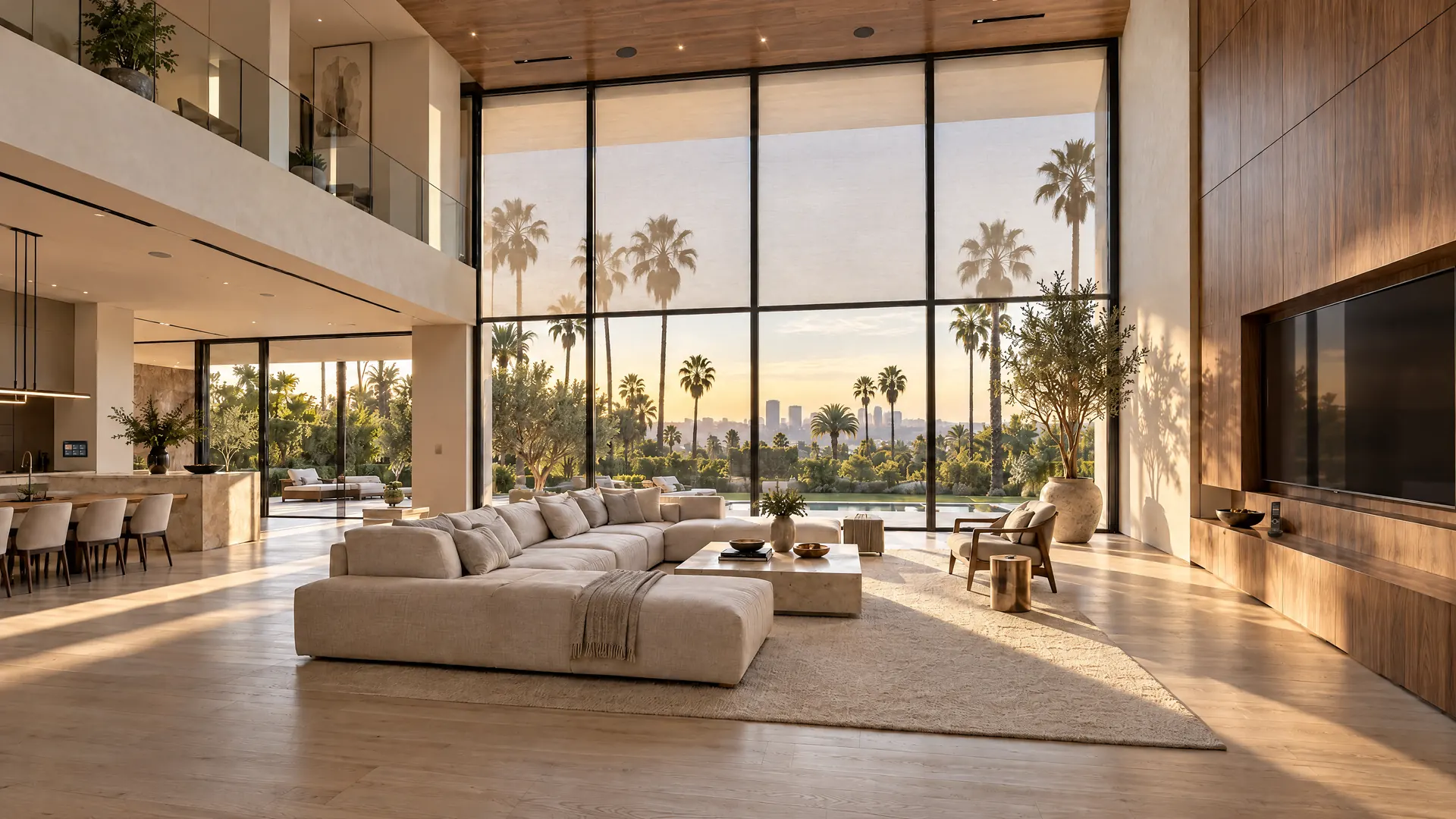 A double-height great room in a modern Beverly Hills home, with floor-to-ceiling glass looking out over palm trees and the city.